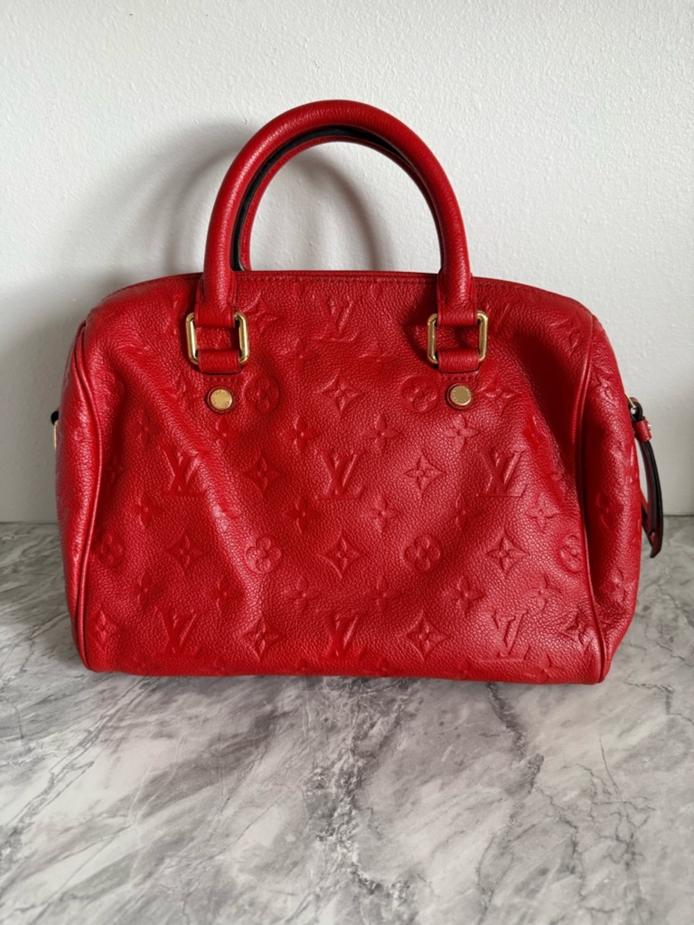 Louis Vuitton Red Monogram Embossed Satchel with Gold Hardware - Picture 3 of 12